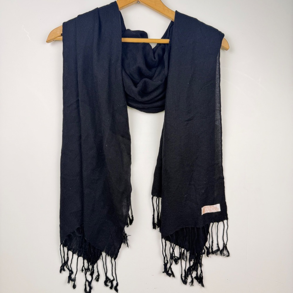 Pashmire Black Wrap Scarf Viscose Acrylic Blend Tassel Fringe Solid Pashmina
